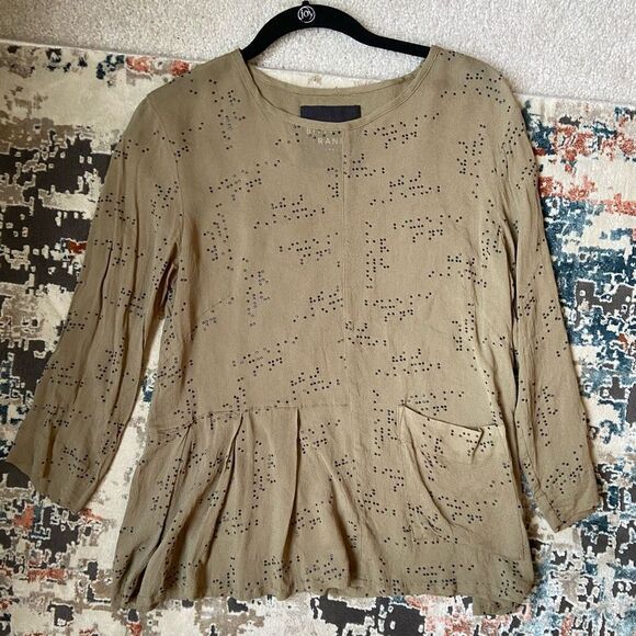 Bitte Kai Rand Women's Dotted-Pattern Side Pleated Hem Blouse Olive Green - SZ S - Picture 7 of 10